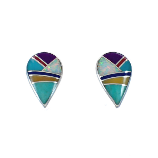 Genuine Sterling Silver Multicolor Inlay Post Earrings JX129628