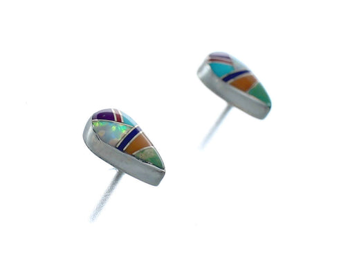 Genuine Sterling Silver Multicolor Inlay Post Earrings JX129625