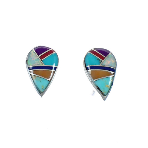 Genuine Sterling Silver Multicolor Inlay Post Earrings JX129626