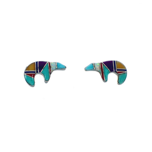 Southwest Sterling Silver Multicolor Inlay Bear Post Earrings JX129609