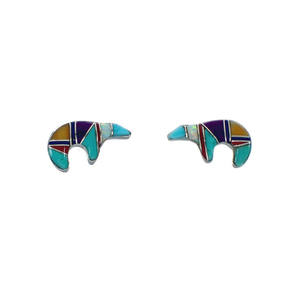 Southwest Sterling Silver Multicolor Inlay Bear Post Earrings JX129609
