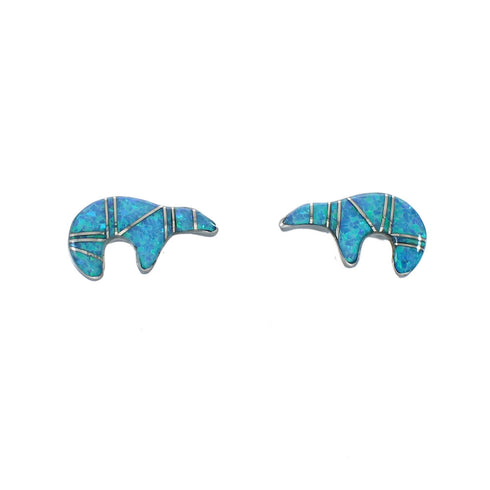 Southwest Sterling Silver Opal Inlay Bear Post Earrings JX129612