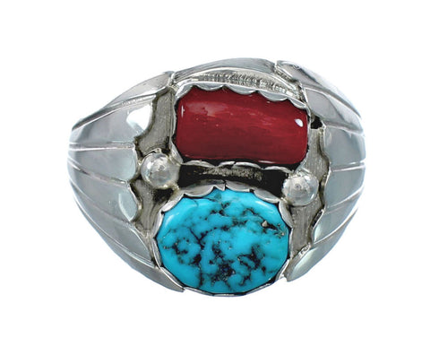 Navajo Sterling Silver Turquoise And Coral Ring Size 12-1/4 AX129577