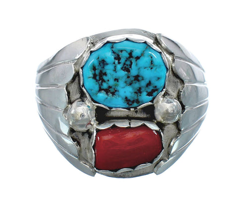 Navajo Sterling Silver Turquoise And Coral Ring Size 10-3/4 AX129579