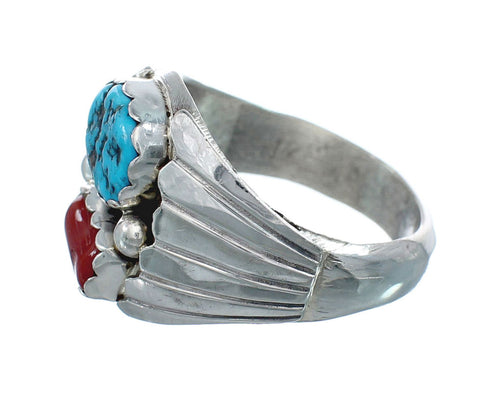 Navajo Sterling Silver Turquoise And Coral Ring Size 13-1/2 AX129580