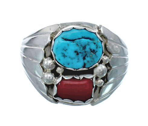 Navajo Sterling Silver Turquoise And Coral Ring Size 13-1/2 AX129581