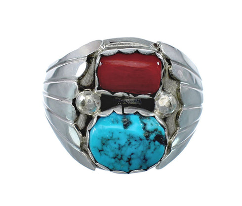 Navajo Sterling Silver Turquoise And Coral Ring Size 10-3/4 AX129586
