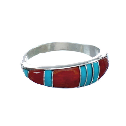 Native American Turquoise And Coral Inlay Zuni Ring Size 7-1/4 AX129590