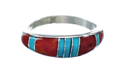 Native American Turquoise And Coral Inlay Zuni Ring Size 7-1/4 AX129590