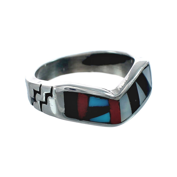 Multicolor Inlay Native American Sterling Silver Ring Size 6-1/2 AX129620