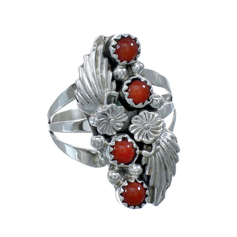 Native American Navajo Coral Sterling Silver Leaf Ring Size 8-3/4 AX130089