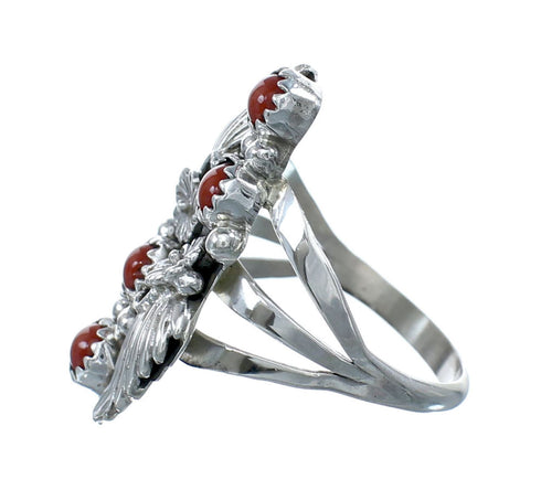 Native American Navajo Coral Sterling Silver Leaf Ring Size 8-1/2 AX130088