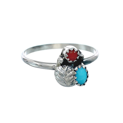 Turquoise And Coral Sterling Silver Leaf Navajo Ring Size 10 AX130135