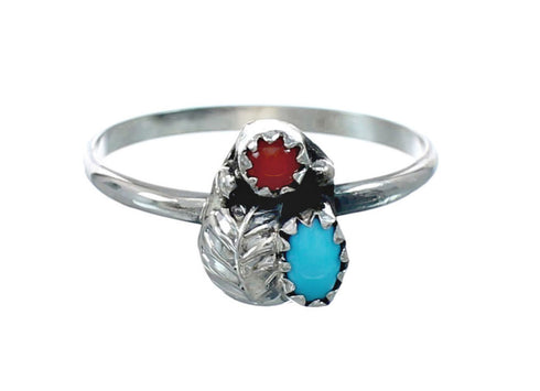 Turquoise And Coral Sterling Silver Leaf Navajo Ring Size 4-3/4 AX130127