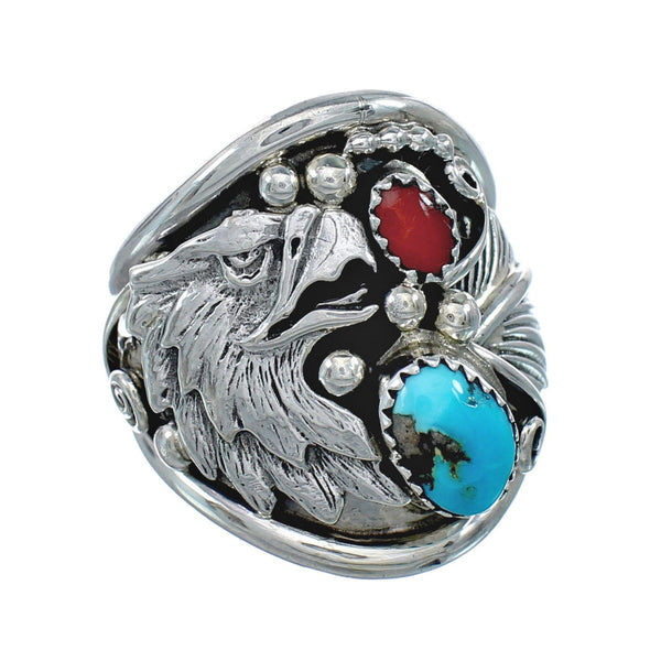 Authentic Sterling Silver Navajo Eagle Turquoise Coral Ring Size 12-1/4 AX130166