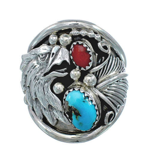 Authentic Sterling Silver Navajo Eagle Turquoise Coral Ring Size 12-1/4 AX130166