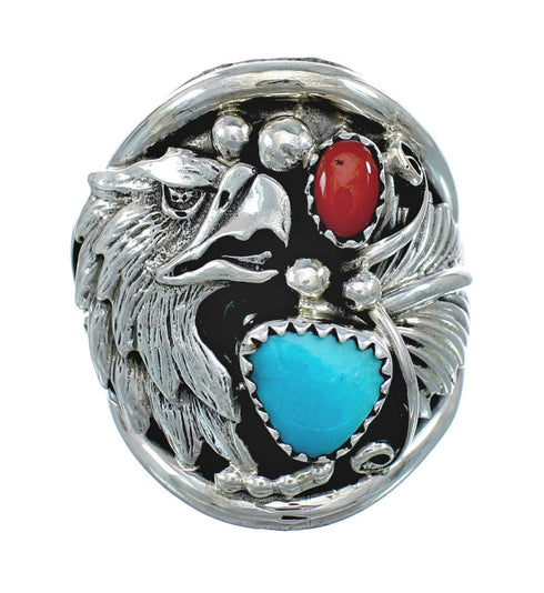 Authentic Sterling Silver Navajo Eagle Turquoise Coral Ring Size 9-3/4 AX130167