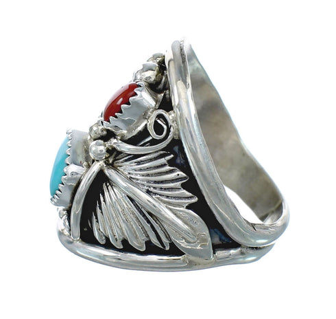Authentic Sterling Silver Navajo Eagle Turquoise Coral Ring Size 9-3/4 AX130167