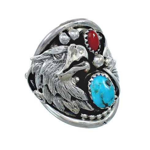 Authentic Sterling Silver Navajo Eagle Turquoise Coral Ring Size 9-1/4 AX130168