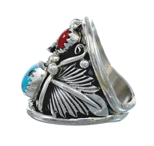 Authentic Sterling Silver Navajo Eagle Turquoise Coral Ring Size 9-1/4 AX130168