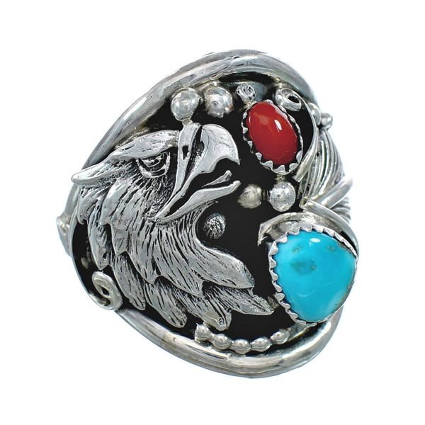 Authentic Sterling Silver Navajo Eagle Turquoise Coral Ring Size 13-1/4 AX130172