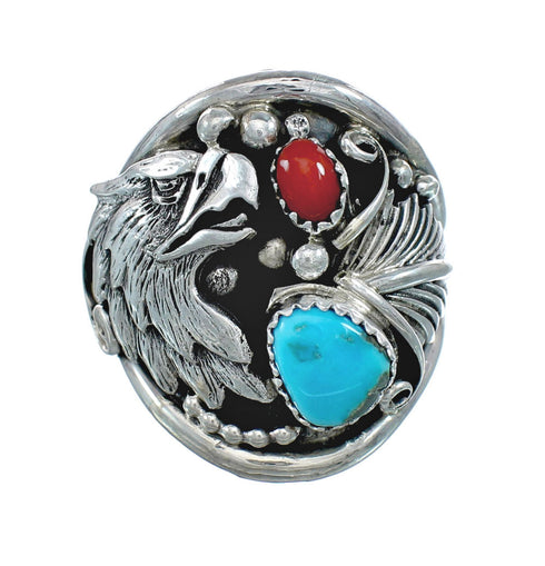 Authentic Sterling Silver Navajo Eagle Turquoise Coral Ring Size 13-1/4 AX130172