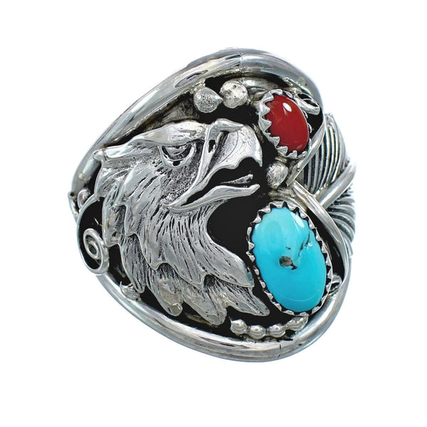 Authentic Sterling Silver Navajo Eagle Turquoise Coral Ring Size 12-1/2 AX130173