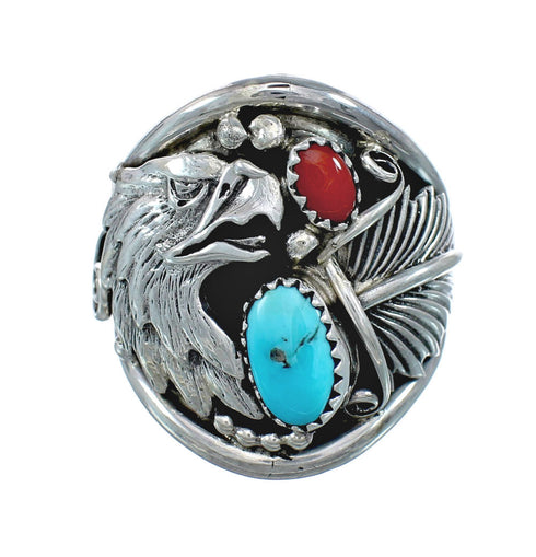 Authentic Sterling Silver Navajo Eagle Turquoise Coral Ring Size 12-1/2 AX130173
