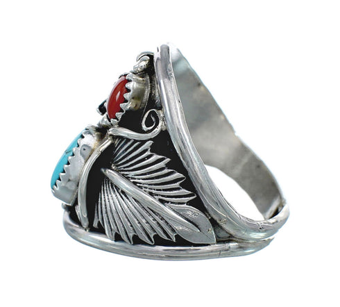Authentic Sterling Silver Navajo Eagle Turquoise Coral Ring Size 12-1/2 AX130173