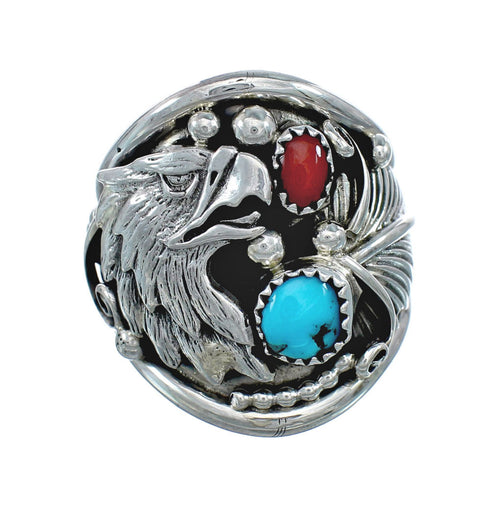 Authentic Sterling Silver Navajo Eagle Turquoise Coral Ring Size 12-1/4 AX130174