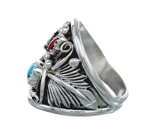 Authentic Sterling Silver Navajo Eagle Turquoise Coral Ring Size 12-1/4 AX130174