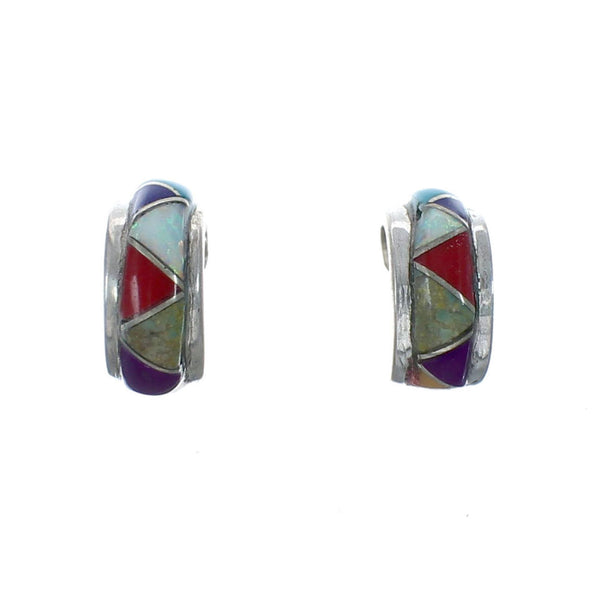 Sterling Silver Southwest Multicolor Inlay Post Hoop Earrings JX129968