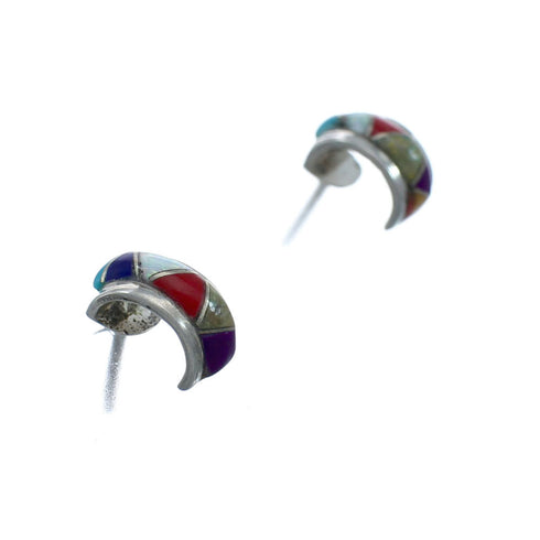 Sterling Silver Southwest Multicolor Inlay Post Hoop Earrings JX129968