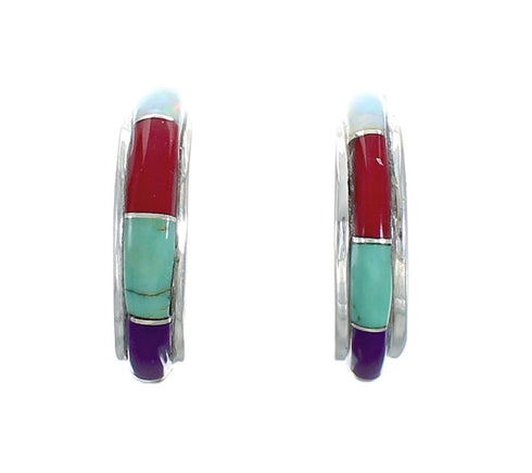 Sterling Silver Southwest Multicolor Inlay Post Hoop Earrings JX129969