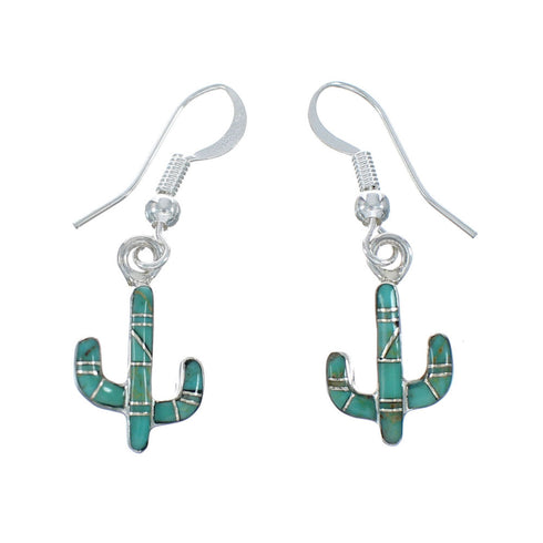 Sterling Silver Southwest Turquoise Cactus Inlay Hook Dangle Earrings JX129973