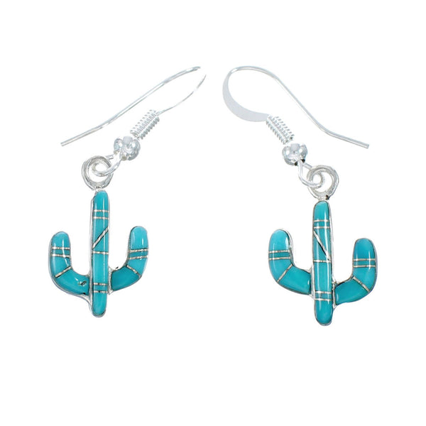 Sterling Silver Southwest Turquoise Cactus Inlay Hook Dangle Earrings JX129974