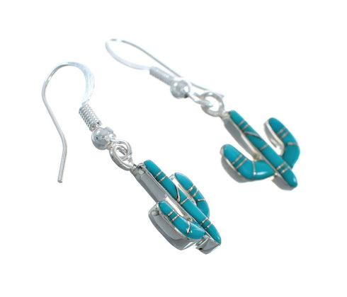 Sterling Silver Southwest Turquoise Cactus Inlay Hook Dangle Earrings JX129974