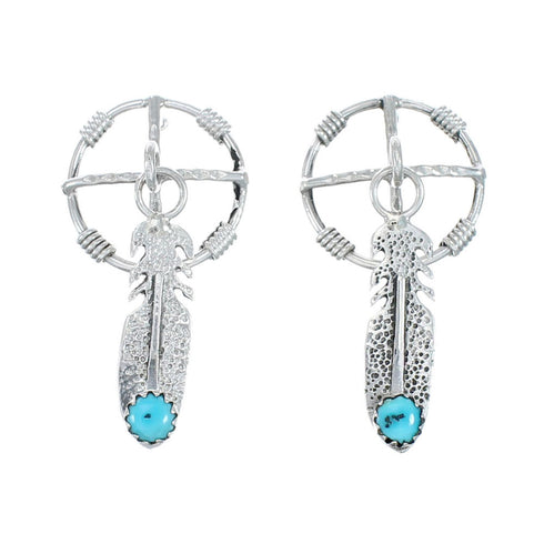 Native American Sterling Silver Turquoise Medicine Wheel Feather Post Dangle Earrings AX129774