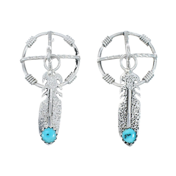 Native American Sterling Silver Turquoise Medicine Wheel Feather Post Dangle Earrings AX129774