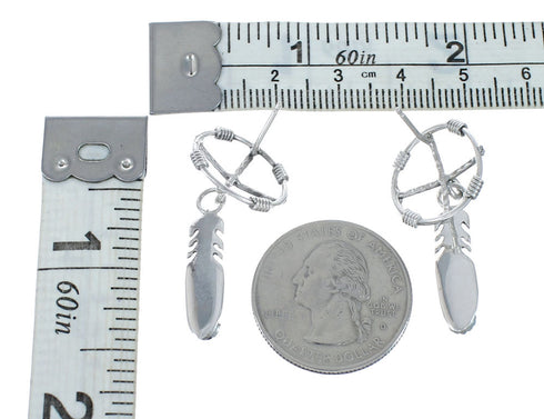 Native American Sterling Silver Turquoise Medicine Wheel Feather Post Dangle Earrings AX129774