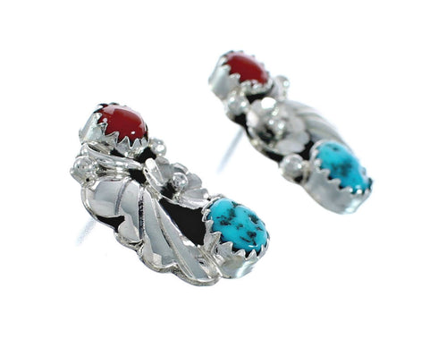 Sterling Silver Scalloped Leaf Turquoise Coral Navajo Post Earrings AX129775