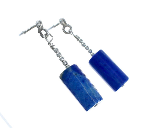 Native American Lapis Sterling Silver Bead Post Dangle Earrings JX130274