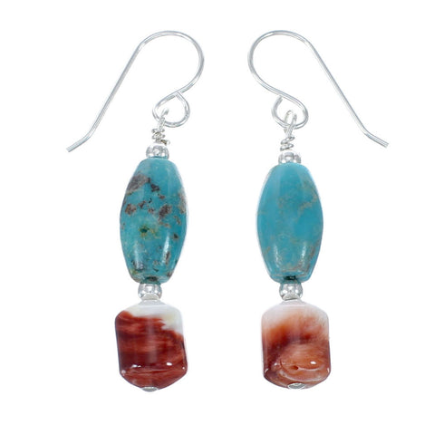 Native American Turquoise Oyster Shell Sterling Silver Bead Hook Dangle Earrings JX130275