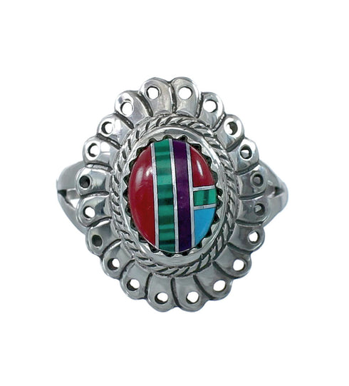 Southwestern Manmade Multicolor Inlay Sterling Silver Ring Size 6-1/2 JX130276