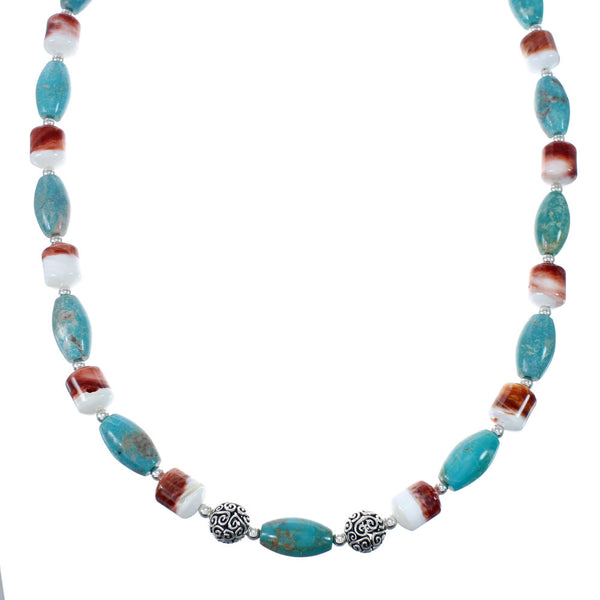 Turquoise and Oyster Shell Genuine Sterling Silver Navajo Bead Necklace JX130268