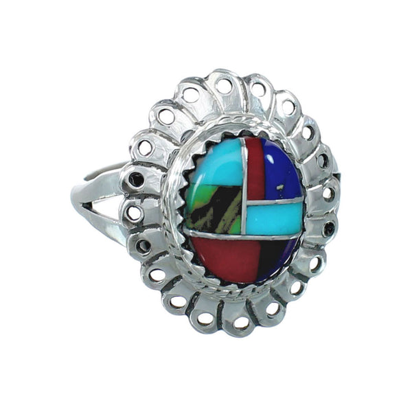 Southwestern Manmade Multicolor Inlay Sterling Silver Ring Size 7-1/4 JX130350