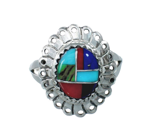 Southwestern Manmade Multicolor Inlay Sterling Silver Ring Size 7-1/4 JX130350