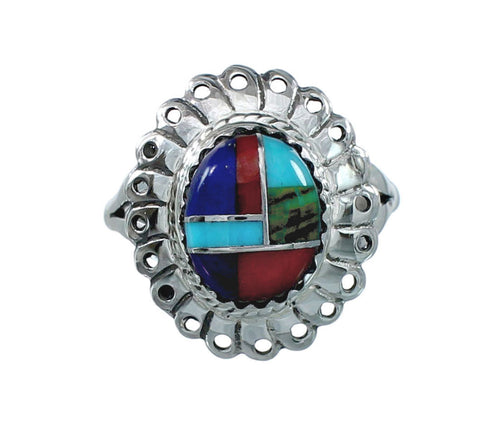 Southwestern Manmade Multicolor Inlay Sterling Silver Ring Size 6-3/4 JX130345