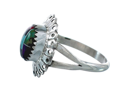 Southwestern Manmade Multicolor Inlay Sterling Silver Ring Size 7-1/2 JX130348