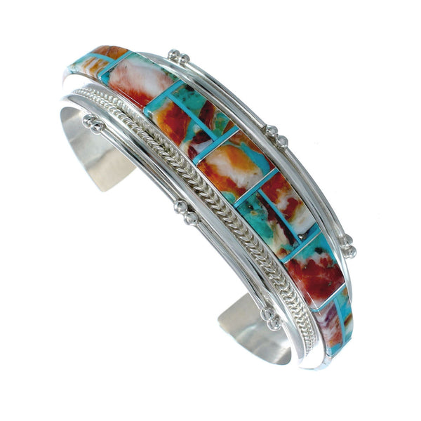 Multicolor Inlay Genuine Sterling Silver Navajo Cuff Bracelet JX130621